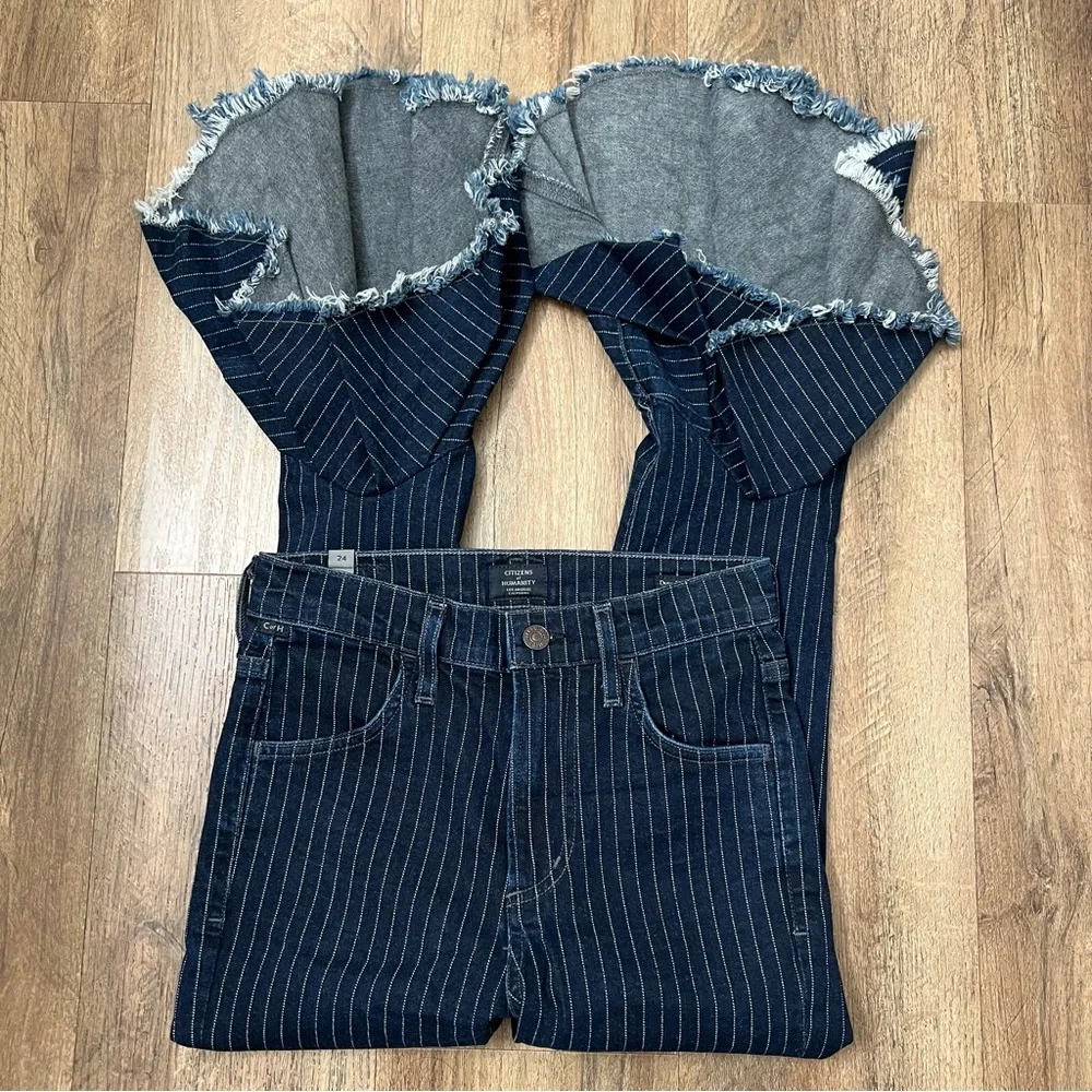 Citizen Of Humanity Drew Flounce High Rise Jeans Blue Pinstripe‎ Flare Size 24